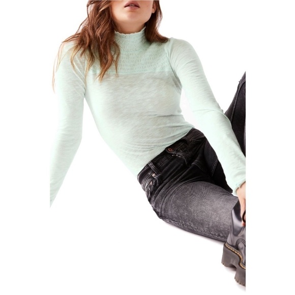 Nwt Free People Caroline Smocked Turtleneck Top Soft Girl Iced Aqua XS - Picture 1 of 11